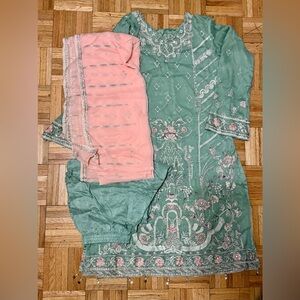 Embroidered Green and Pink salwar kameez with matching dupatta and salwar pants